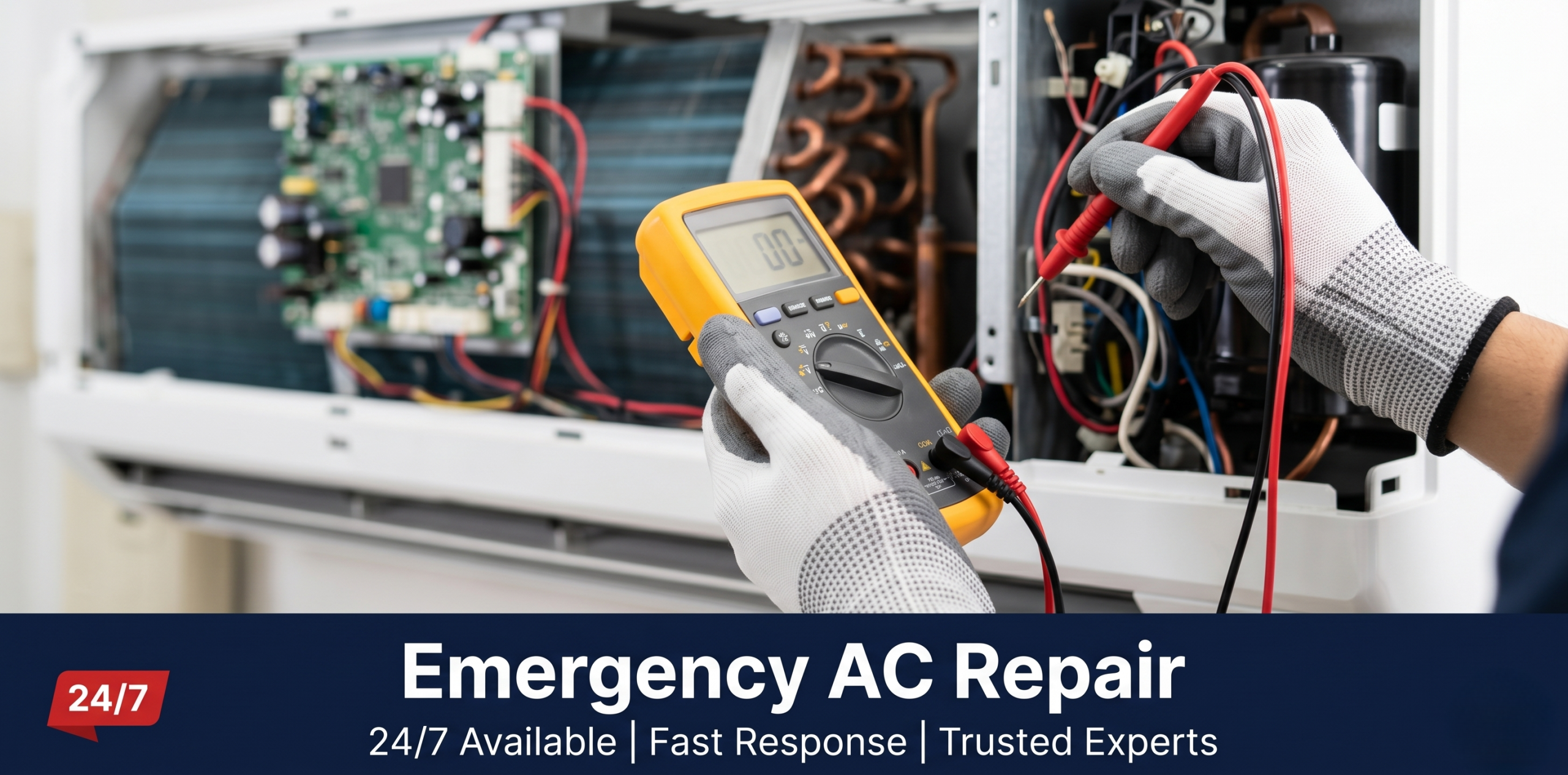 Technician repairing an air conditioner unit during an emergency call