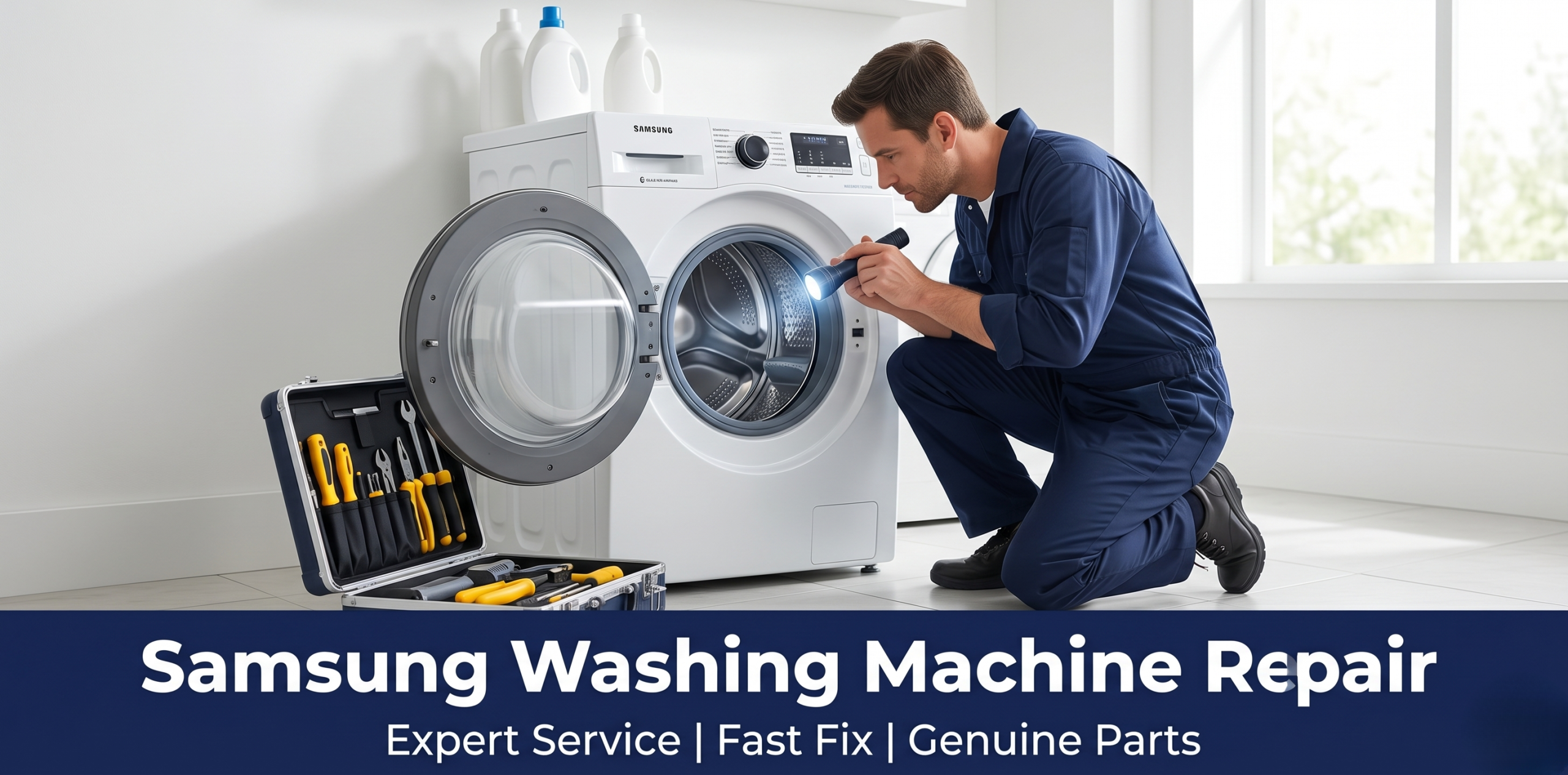 Repairman fixing a Samsung washing machine with tools