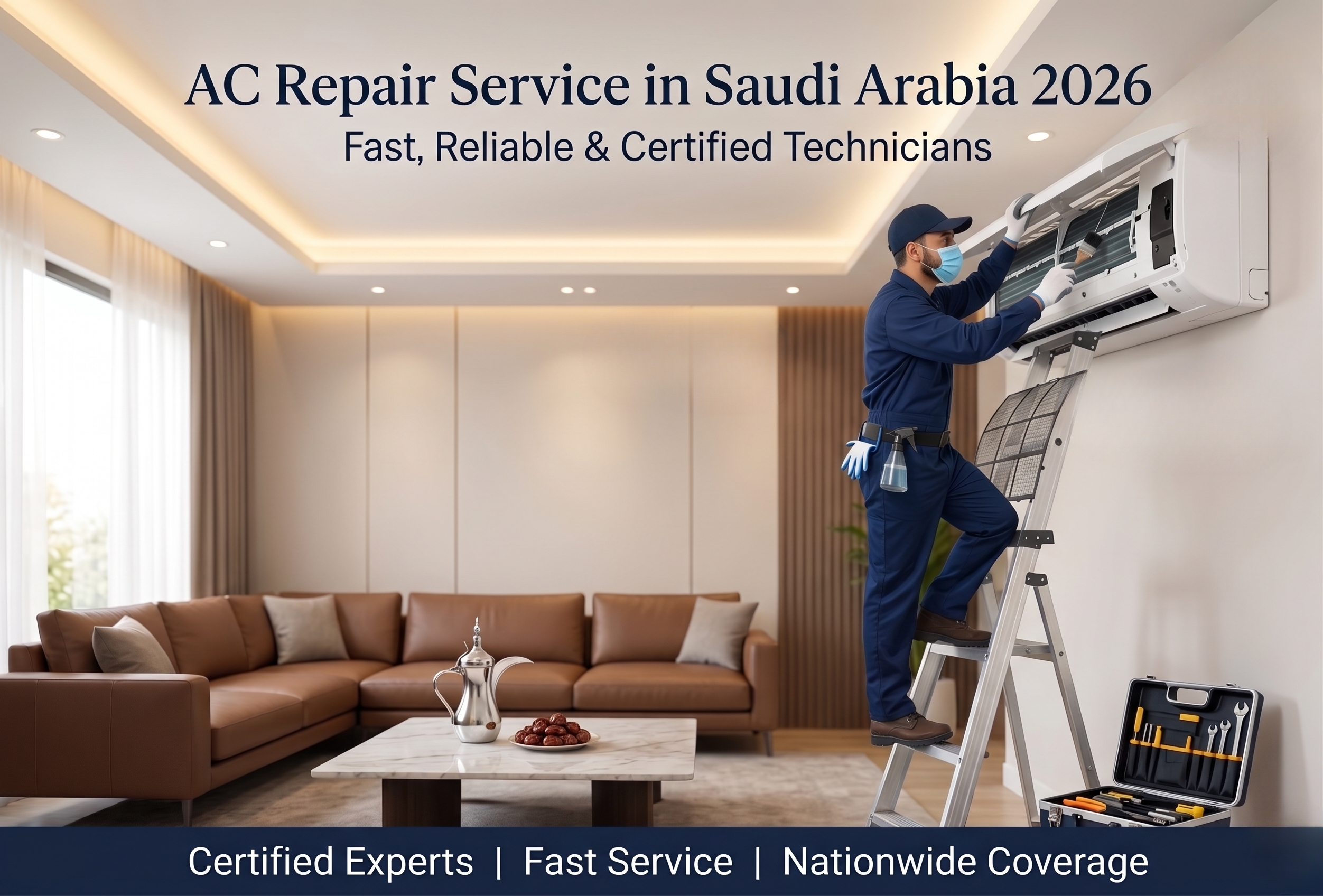 Split AC service Riyadh technician performing professional split air conditioner cleaning, repair, and maintenance at a modern home in Riyadh, Saudi Arabia.