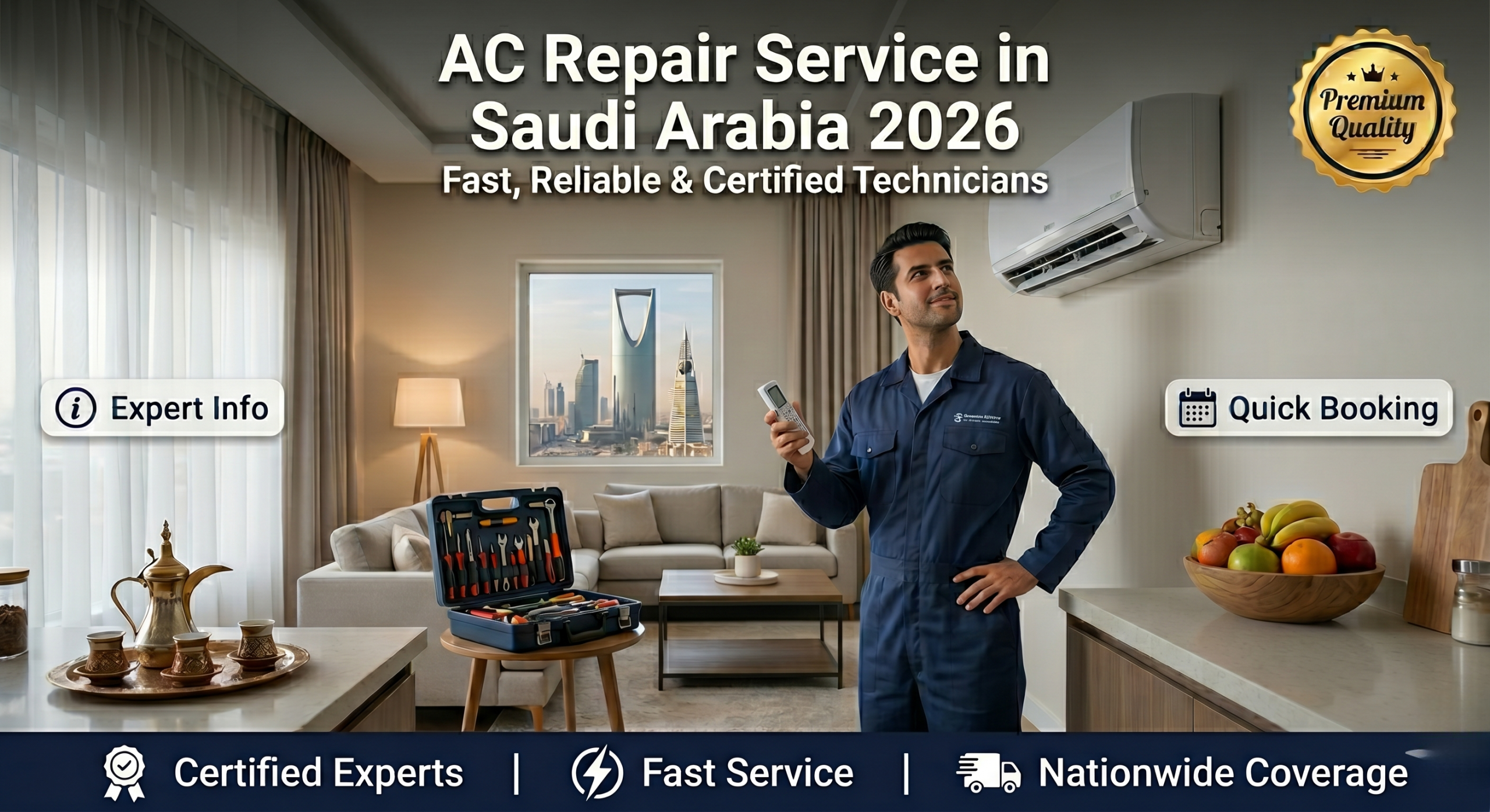 A professional technician servicing and cleaning a split AC unit in Saudi Arabia to maintain efficient indoor cooling.