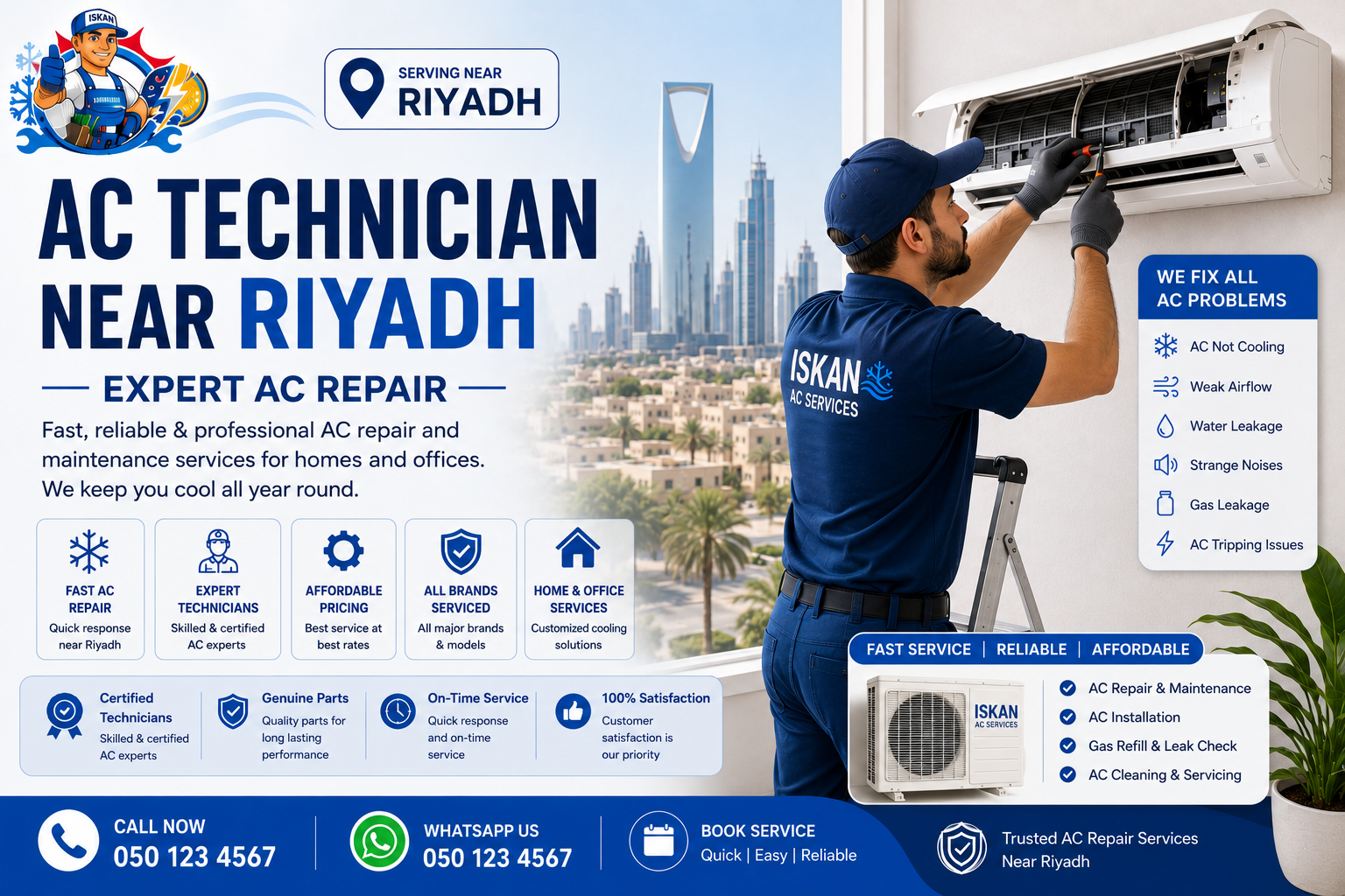 A 2D flat educational diagram showing a certified HVAC specialist troubleshooting a split cooling unit for an AC Technician Near Riyadh | Expert AC Repair.