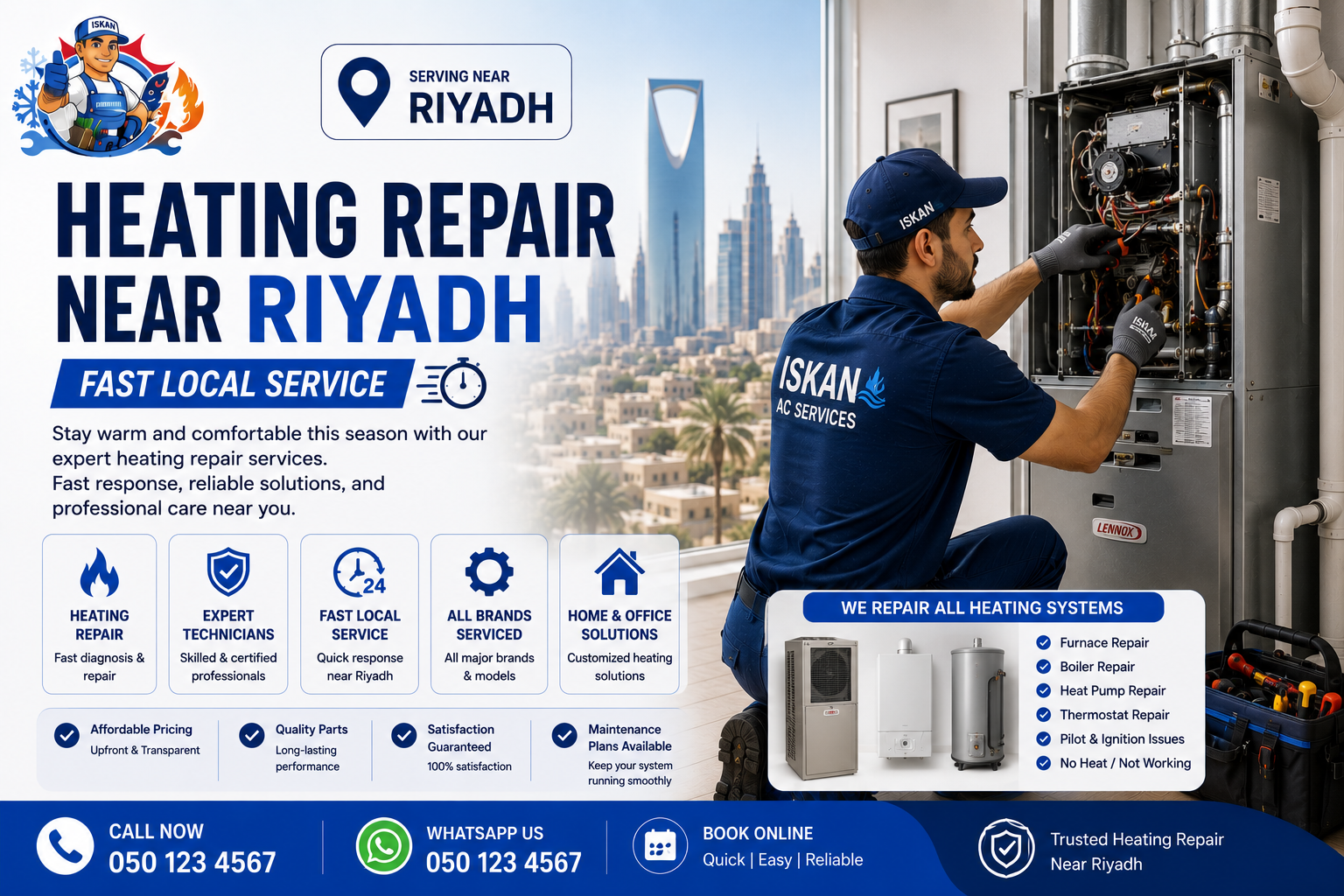featuring professional diagnostic tools checking heating coils, highlighting Heating Repair Near Riyadh | Fast Local Service.