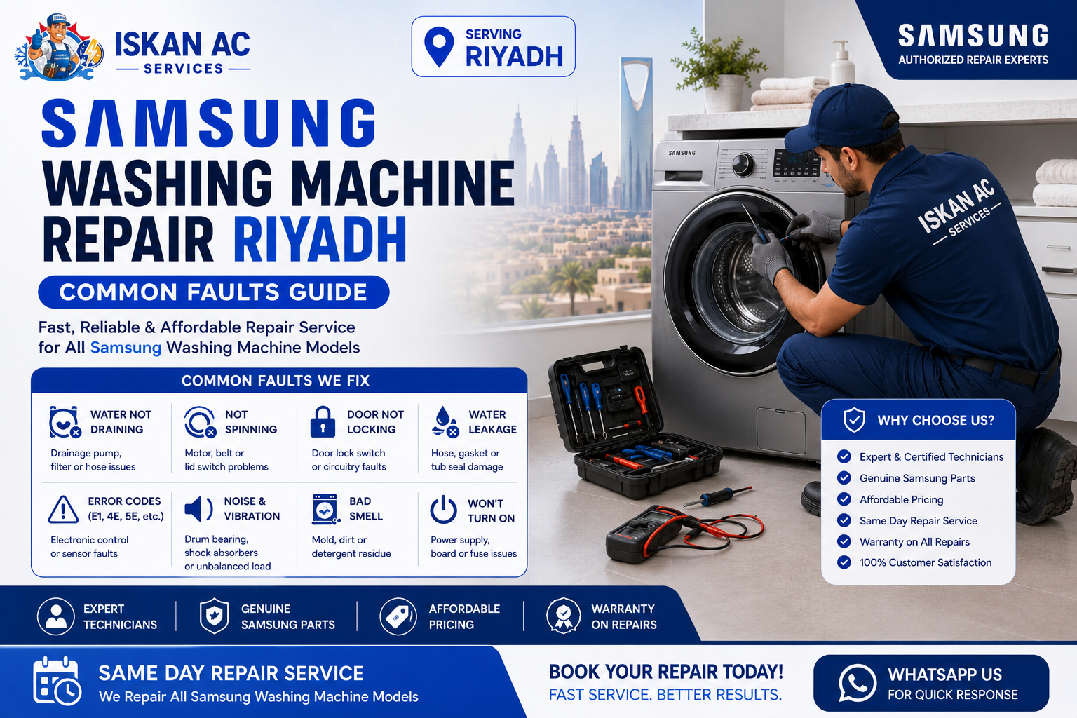 Samsung washing machine repair service banner in Riyadh showing a technician repairing a front-load washing machine, with common faults listed such as water not draining, not spinning, door not locking, water leakage, error codes, noise and vibration, bad smell, and machine not turning on.
