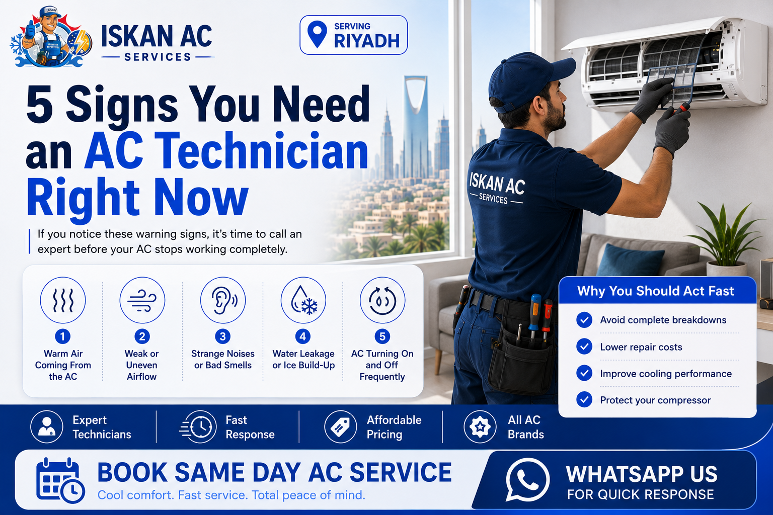 AC technician inspecting a split air conditioner in Riyadh, showing warning signs like warm air, water leakage, strange noise, bad smell, and high electricity bill.