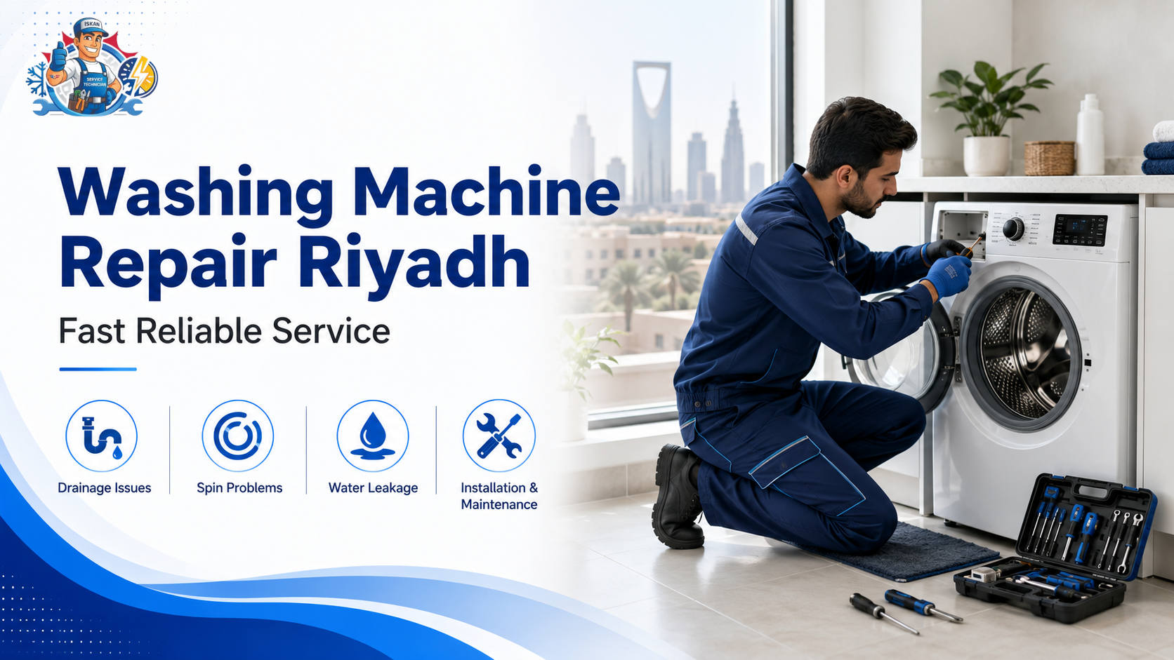 : A professional appliance technician repairing a modern washer, representing Washing Machine Repair Riyadh | Fast Reliable Service.