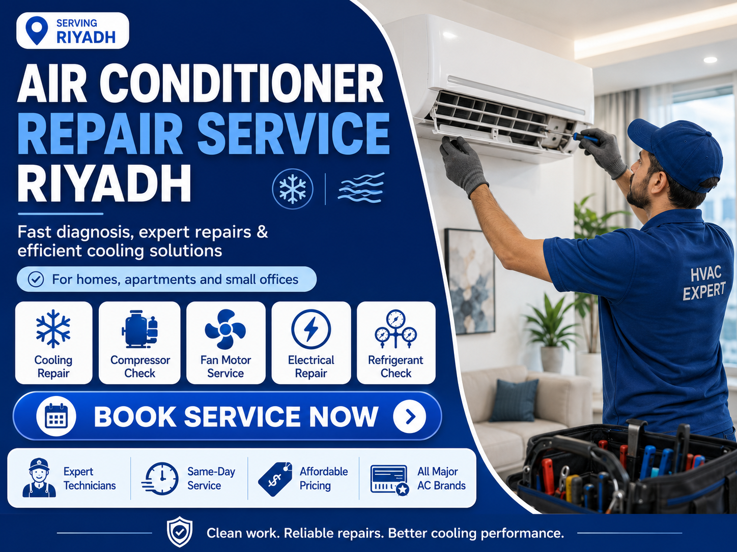 Air Conditioner Repair Service Riyadh with a professional HVAC technician repairing a wall-mounted AC unit in a modern home.