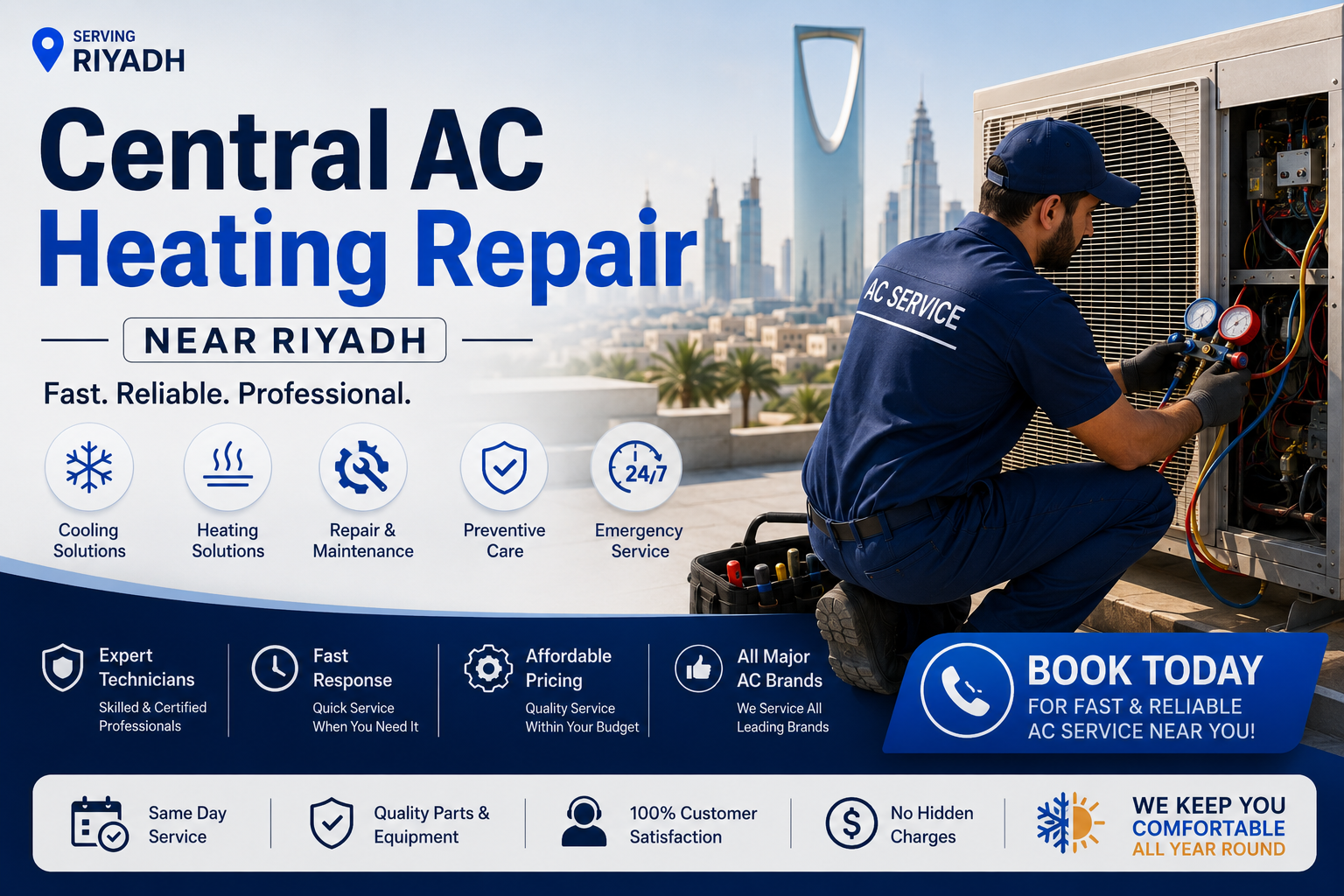Central AC Heating Repair Near Riyadh service banner showing a professional AC technician repairing a central air conditioning unit on a rooftop in Riyadh.