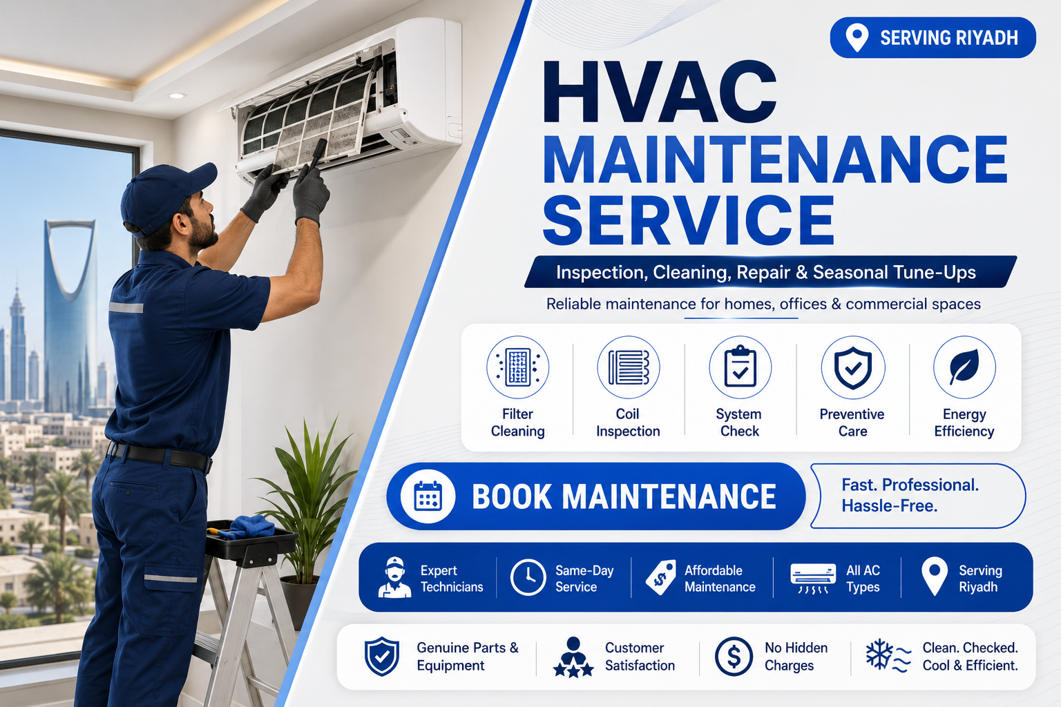 HVAC maintenance service banner for Riyadh showing a technician in a blue uniform servicing a wall-mounted air conditioner indoors, with Riyadh skyline in the background. Large headline reads “HVAC Maintenance Service” with service icons for filter cleaning, coil inspection, system check, preventive care, and energy efficiency.
