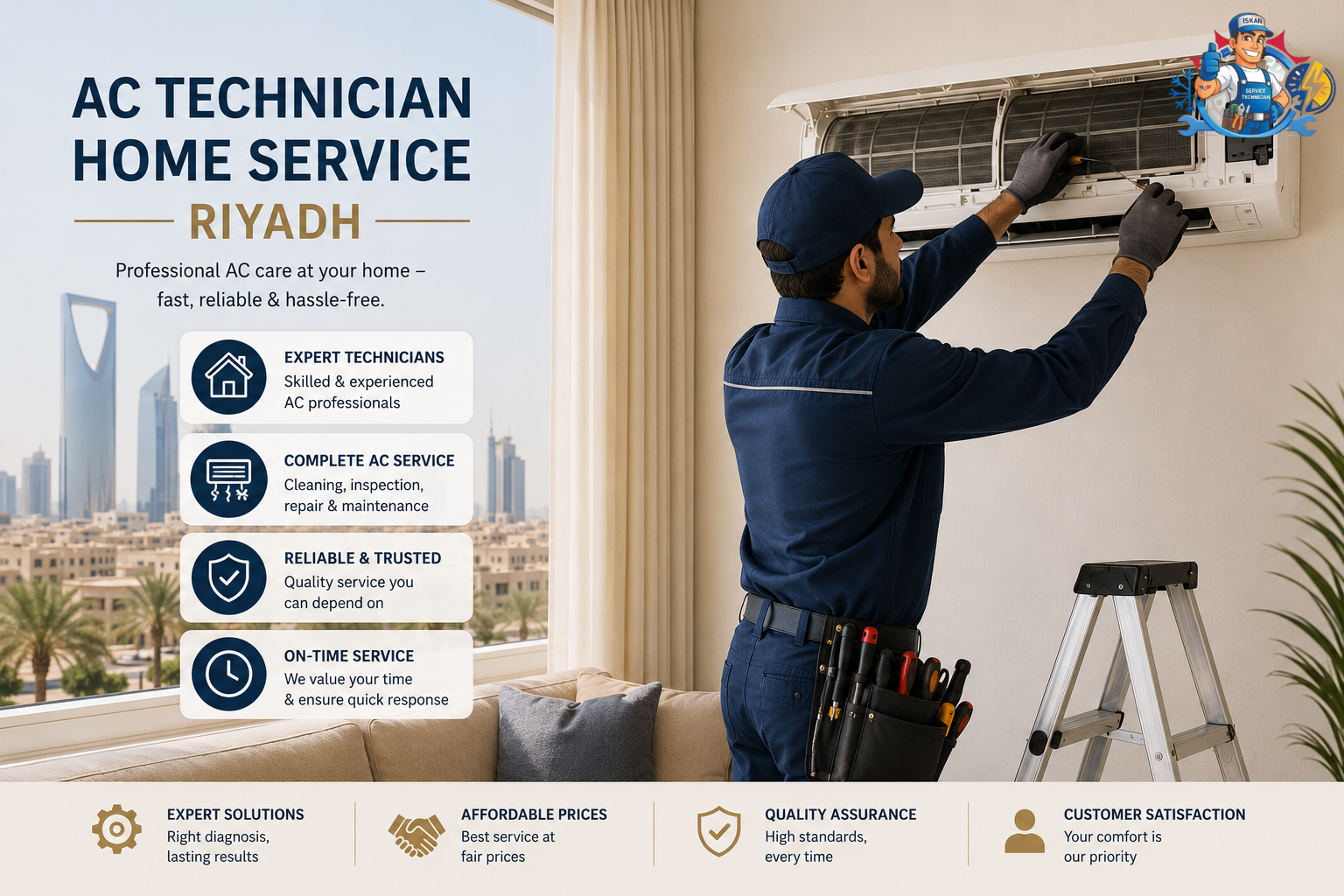 AC Technician Home Service Riyadh: professional technician inspecting and repairing a wall-mounted air conditioner in a Riyadh home.